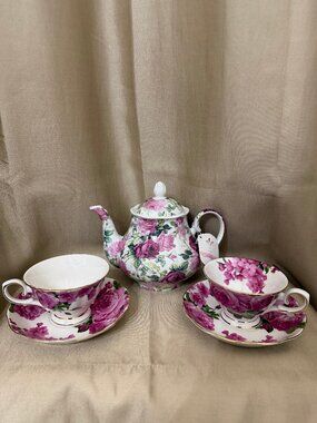 Rose Teapot And Teacups And Saucers Set